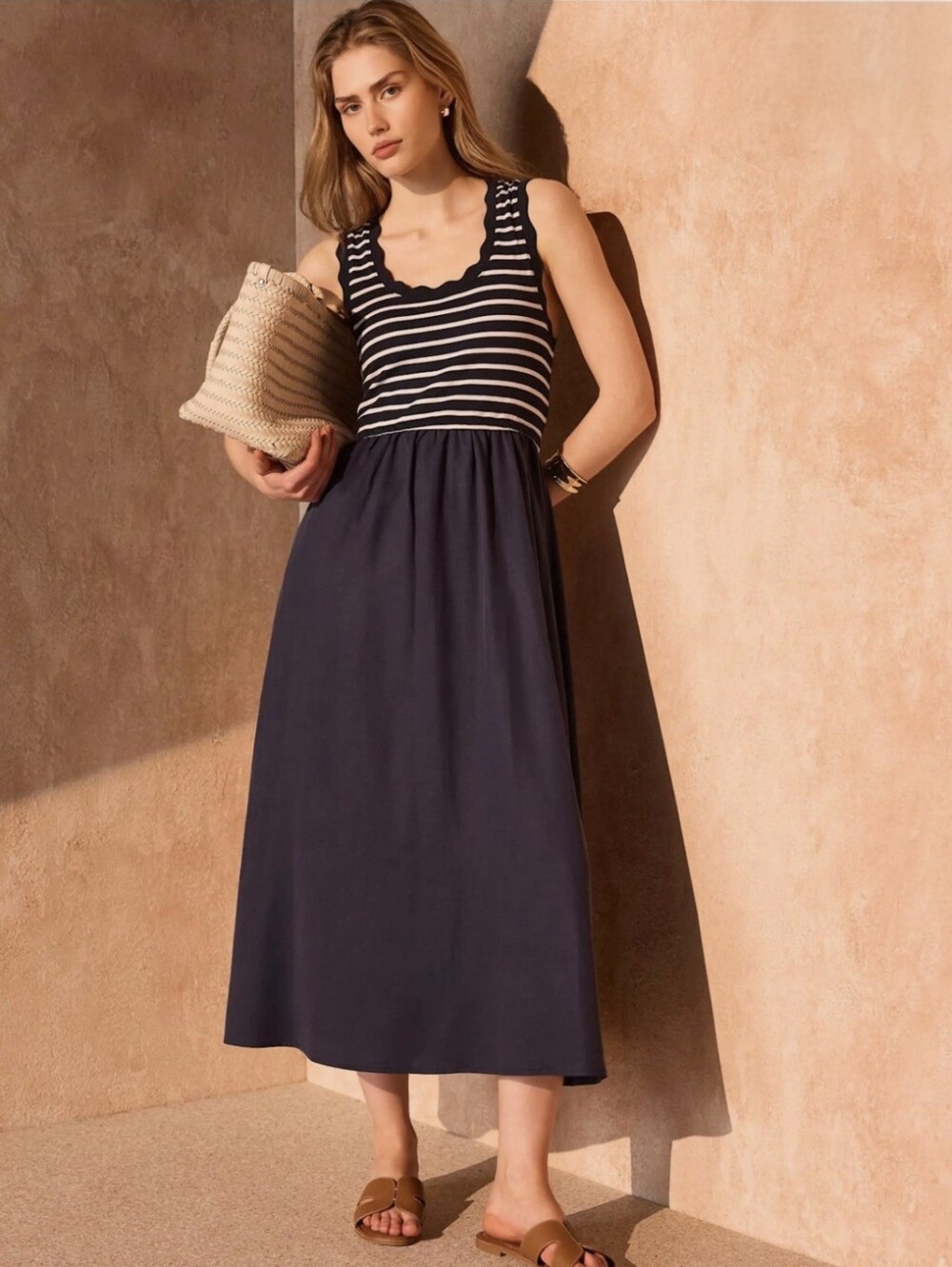 Mint Velvet Striped Scallop Trim Woven Mix Midi Dress Sz.XS Sleeveless Nautical